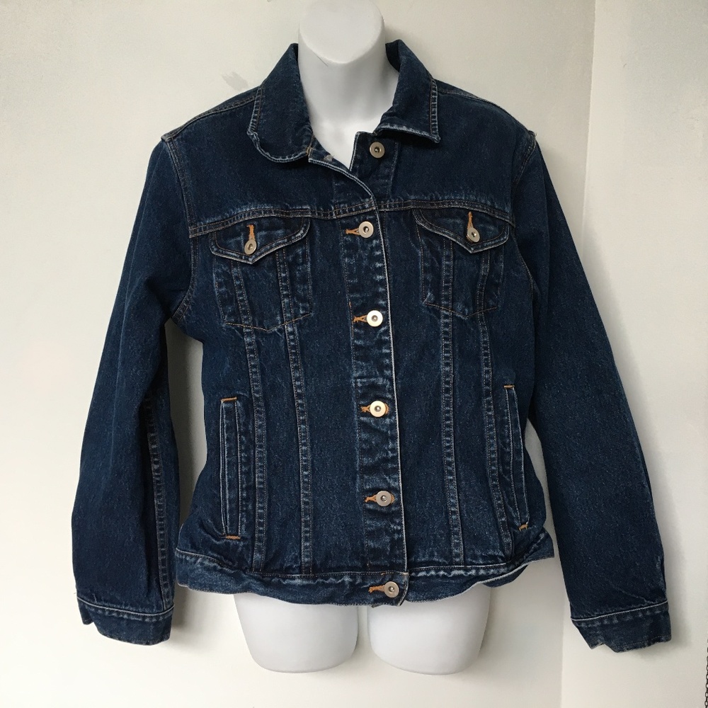 Eddie Bauer Jean Jacket Dark Wash Heavy Denim Size Medium 100% Cotton